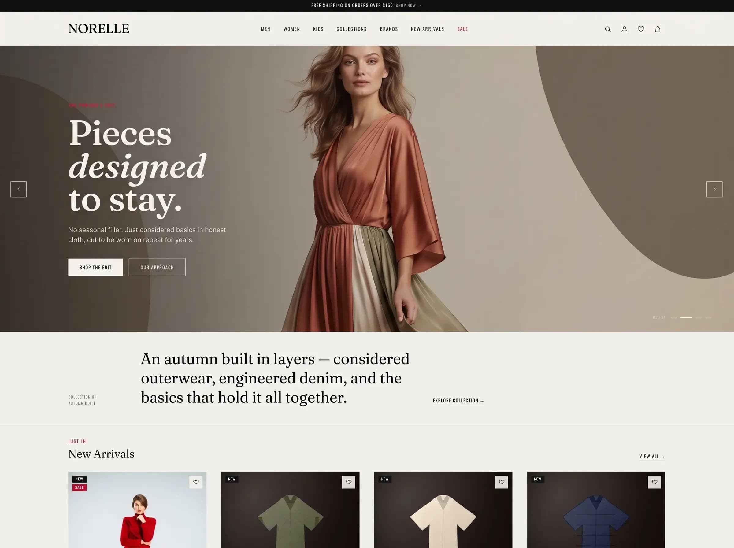 NORELLE fashion storefront homepage on desktop
