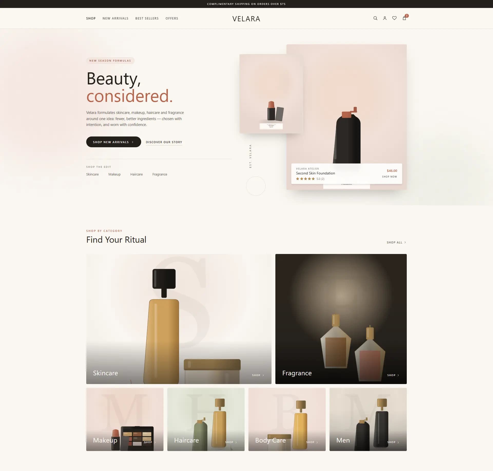 Velara beauty storefront homepage on desktop