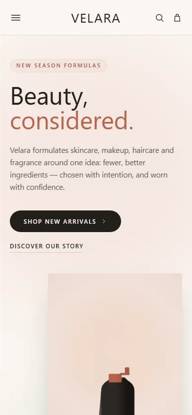 Velara beauty storefront homepage on mobile